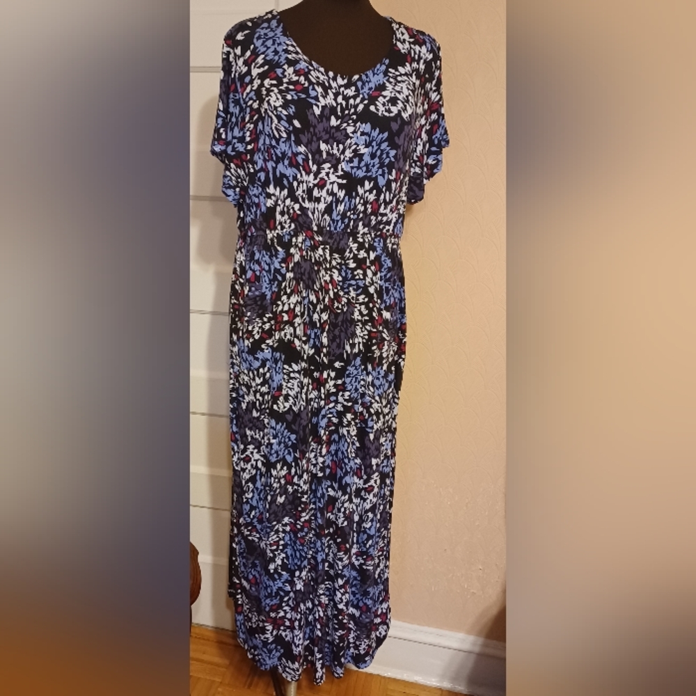 Black Floral Cotton Jersey Dress, sz XL